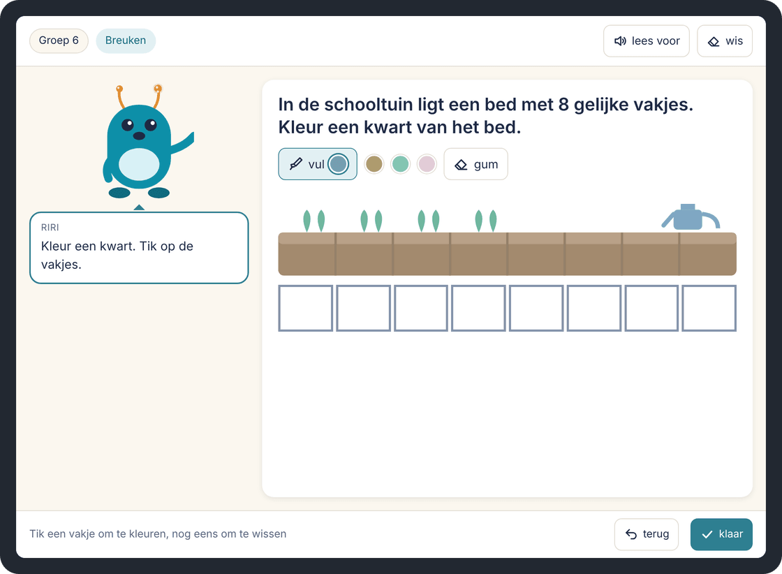 Tabletscherm met de opgave: in de schooltuin ligt een bed met 8 gelijke vakjes, kleur een kwart van het bed. Onder de tekening van het tuinbed staan acht lege vakjes om te kleuren.